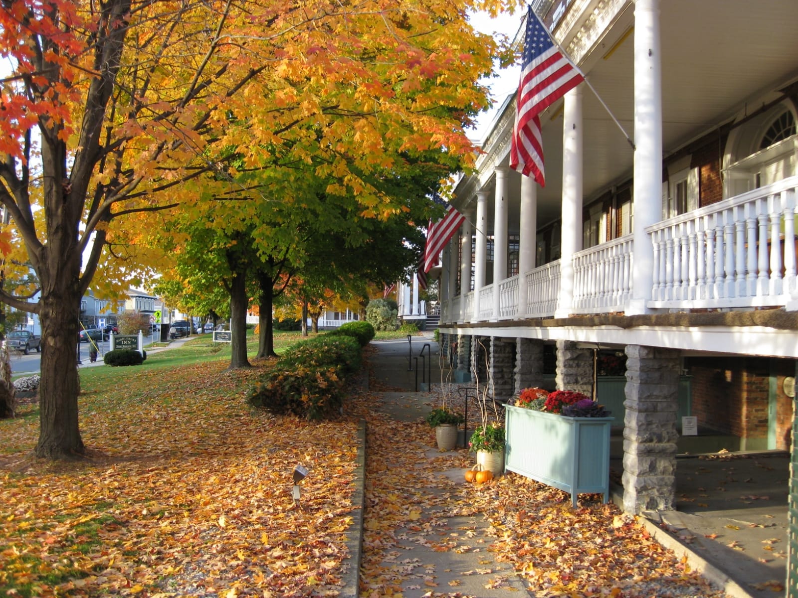 Autumn porch and streetscape in Vermont